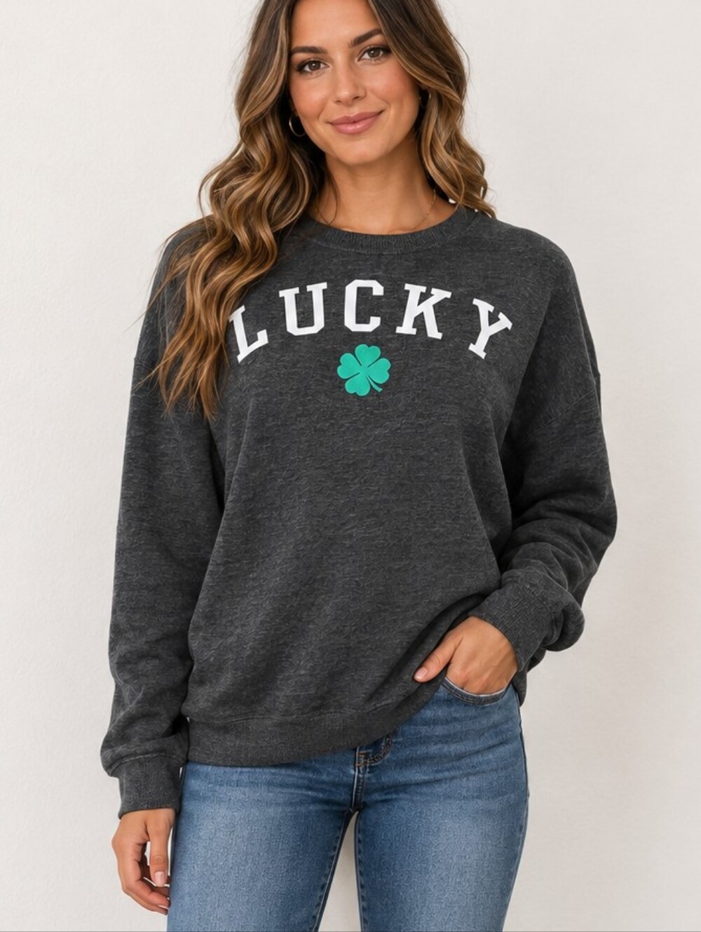 Modern Lux Charcoal 'LUCKY' Pullover with Mint Clover